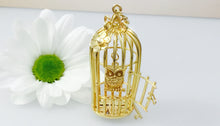 Load image into Gallery viewer, Diamond Set Gold Birdcage with Owl necklace statement piece, handmade with hidden diamond.