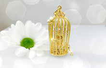 Load image into Gallery viewer, Diamond Set Gold Birdcage with Owl necklace statement piece, handmade with hidden diamond.
