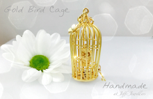 Load image into Gallery viewer, Diamond Set Gold Birdcage with Owl necklace statement piece, handmade with hidden diamond.