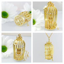 Load image into Gallery viewer, Diamond Set Gold Birdcage with Owl necklace statement piece, handmade with hidden diamond.