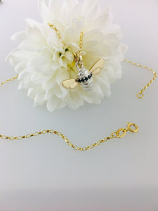 Black Zirconia set Honey Bee Necklace, Handmade in Argentium Silver & 9ct Gold by Jeffs Jewellers