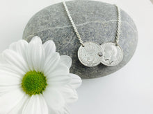 Load image into Gallery viewer, Tarnished Aged Silver sixpence Double Coin necklace, stone set, sixpence or three pence pre 1920, Holly Willoughby, sixpence threepence