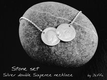 Load image into Gallery viewer, Double coin necklace, pre 1920 sixpence, celebrity sterling silver necklace.