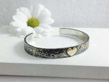 Load image into Gallery viewer, Silver & Gold Heart Cuff Bangle, Hammered textured ideal for Valentines Day