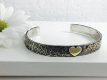 Load image into Gallery viewer, Silver & Gold Heart Cuff Bangle, Hammered textured ideal for Valentines Day