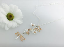 Load image into Gallery viewer, Dragonfly Necklace Silver & Rose Gold , with butterflies and flowers. from Jeffs Jewellers