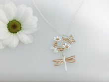 Load image into Gallery viewer, Dragonfly Necklace Silver & Rose Gold , with butterflies and flowers. from Jeffs Jewellers