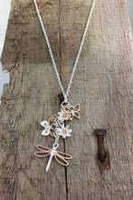 Load image into Gallery viewer, Dragonfly Necklace Silver & Rose Gold , with butterflies and flowers. from Jeffs Jewellers