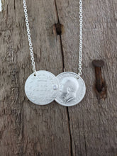 Load image into Gallery viewer, Silver sixpence Double Coin necklace, stone set, lucky sixpence or three pence pre 1920, Holly Willoughby, sixpence threepence necklace