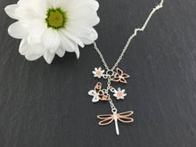 Load image into Gallery viewer, Dragonfly Necklace Silver & Rose Gold , with butterflies and flowers. from Jeffs Jewellers