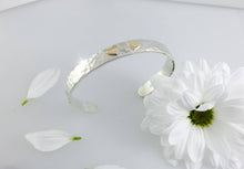 Load image into Gallery viewer, Silver & 9ct Yellow Gold Double Heart Cuff Bangle, Hammered textured ideal for Valentines Day, Love cuff