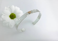 Load image into Gallery viewer, Silver & 9ct Yellow Gold Double Heart Cuff Bangle, Hammered textured ideal for Valentines Day, Love cuff