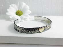 Load image into Gallery viewer, Silver & 9ct Yellow Gold Double Heart Cuff Bangle, Hammered textured ideal for Valentines Day, Love cuff