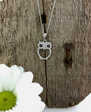 Load image into Gallery viewer, Solid Sterling Silver stone set Owl necklace. Owl pendant.