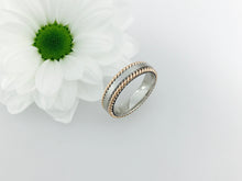 Load image into Gallery viewer, 5mm 9ct white & rose gold twisted edge wedding band. Totally handmade. Red gold twisted rope edge.