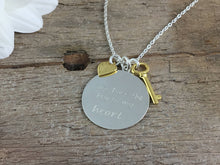 Load image into Gallery viewer, Designer heart & key necklace. 'You have the key to my Heart' Sterling Silver necklace with Yellow gold heart and key