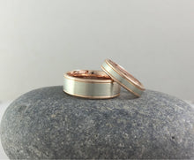 Load image into Gallery viewer, A matching pair of 9ct two tone white and rose gold edge comfort fit wedding bands. Red and white gold his and hers weddign bands. engrave.