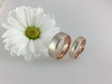 Load image into Gallery viewer, A matching pair of 9ct two tone white and rose gold edge comfort fit wedding bands. Red and white gold his and hers weddign bands. engrave.
