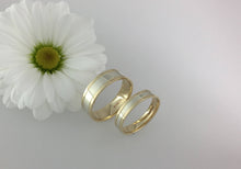 Load image into Gallery viewer, 9ct two tone white and yellow gold edge flat wedding bands. Totally handmade. Yellow and white gold his and hers weddign bands. engraved.