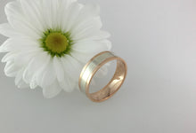 Load image into Gallery viewer, 9ct two tone 6mm flat wedding band white and rose gold. Totally handmade. Red and white gold weddign band.