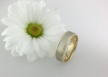Load image into Gallery viewer, 9ct two tone 6mm comfort fit wedding band white and yelllow gold. Totally handmade. Yellowand white gold weddign band.