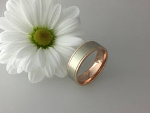 Load image into Gallery viewer, A matching pair of 9ct two tone white and rose gold edge comfort fit wedding bands. Red and white gold his and hers weddign bands. engrave.