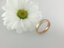 Load image into Gallery viewer, A matching pair of 9ct two tone white and rose gold edge comfort fit wedding bands. Red and white gold his and hers weddign bands. engrave.