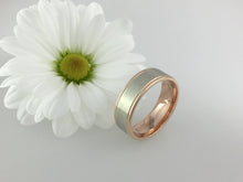 Load image into Gallery viewer, A matching pair of 9ct two tone white and rose gold edge comfort fit wedding bands. Red and white gold his and hers weddign bands. engrave.