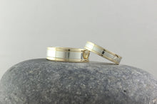 Load image into Gallery viewer, 9ct two tone white and yellow gold edge flat wedding bands. Totally handmade. Yellow and white gold his and hers weddign bands. engraved.