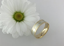 Load image into Gallery viewer, 9ct two tone white and yellow gold edge flat wedding bands. Totally handmade. Yellow and white gold his and hers weddign bands. engraved.