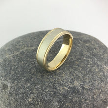 Load image into Gallery viewer, 9ct two tone 6mm comfort fit wedding band white and yelllow gold. Totally handmade. Yellowand white gold weddign band.