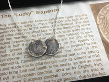 Load image into Gallery viewer, Tarnished Aged Silver sixpence Double Coin necklace, stone set, sixpence or three pence pre 1920, Holly Willoughby, sixpence threepence