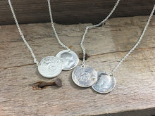 Load image into Gallery viewer, Tarnished Aged Silver sixpence Double Coin necklace, stone set, sixpence or three pence pre 1920, Holly Willoughby, sixpence threepence