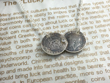 Load image into Gallery viewer, Tarnished Aged Silver sixpence Double Coin necklace, stone set, sixpence or three pence pre 1920, Holly Willoughby, sixpence threepence