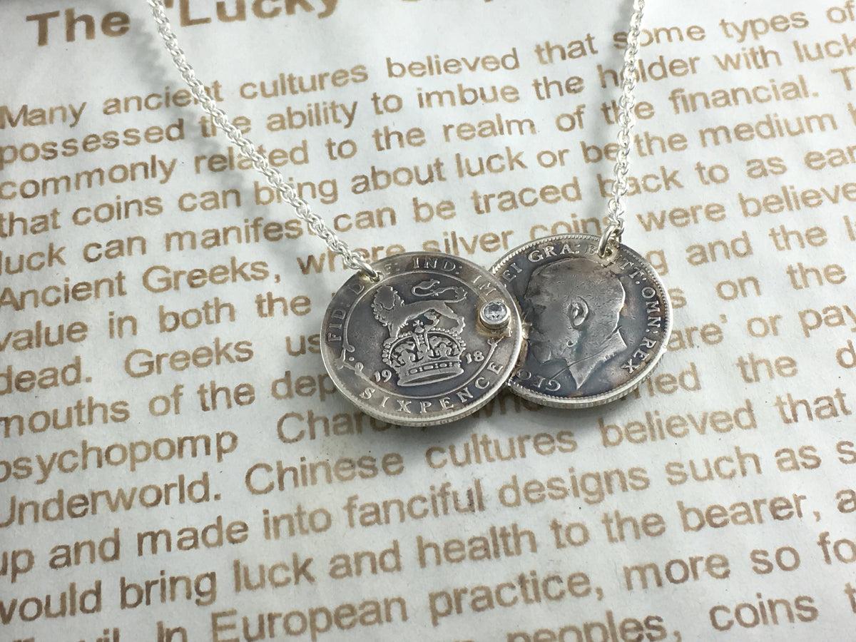 Tarnished Aged Silver sixpence Double Coin necklace, stone set