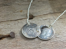 Load image into Gallery viewer, Tarnished Aged Silver sixpence Double Coin necklace, stone set, sixpence or three pence pre 1920, Holly Willoughby, sixpence threepence