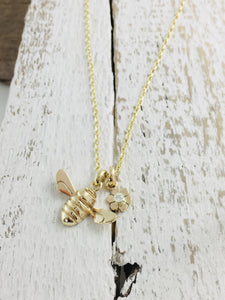 9ct Gold Honey Bee & Diamond set Flower Necklace.  Handmade by Jeffs Jewellers