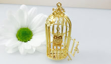 Load image into Gallery viewer, Diamond Set Gold Birdcage with Owl necklace statement piece,  handmade with hidden diamond.

