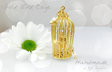 Load image into Gallery viewer, Diamond Set Gold Birdcage with Owl necklace statement piece,  handmade with hidden diamond.
