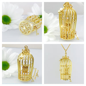 Diamond Set Gold Birdcage with Owl necklace statement piece,  handmade with hidden diamond.