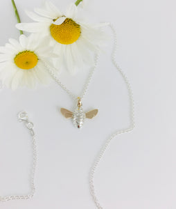 9ct Gold & Silver Diamond set Honey Bee & Diamond set Flower Necklace.  Handmade by Jeffs Jewellers