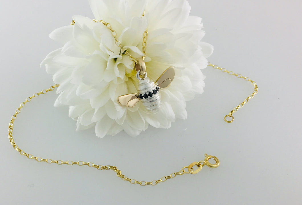 Black Zirconia set Honey Bee Necklace, Handmade in Argentium Silver & 9ct Gold by Jeffs Jewellers