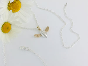 9ct Gold & Silver Diamond set Honey Bee & Diamond set Flower Necklace.  Handmade by Jeffs Jewellers