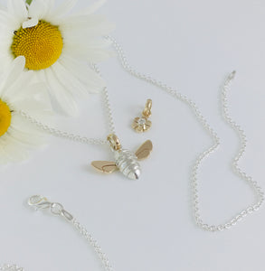 Diamond set Honey Bee Necklace, Handmade in Argentium Silver & 9ct Gold by Jeffs Jewellers