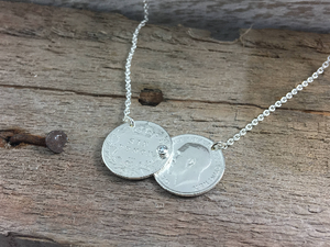 Double coin necklace, pre 1920 sixpence, celebrity sterling silver necklace.