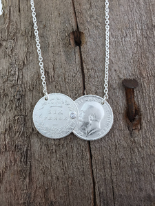 Double coin necklace, pre 1920 sixpence, celebrity sterling silver necklace.