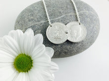 Load image into Gallery viewer, Double coin necklace, pre 1920 sixpence, celebrity sterling silver necklace.
