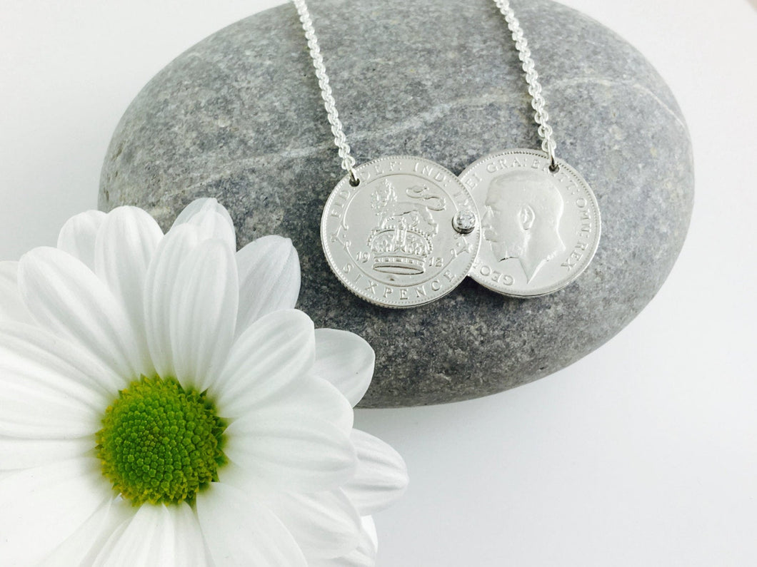 Double coin Threepence necklace, pre 1920 threepence,  sterling silver.