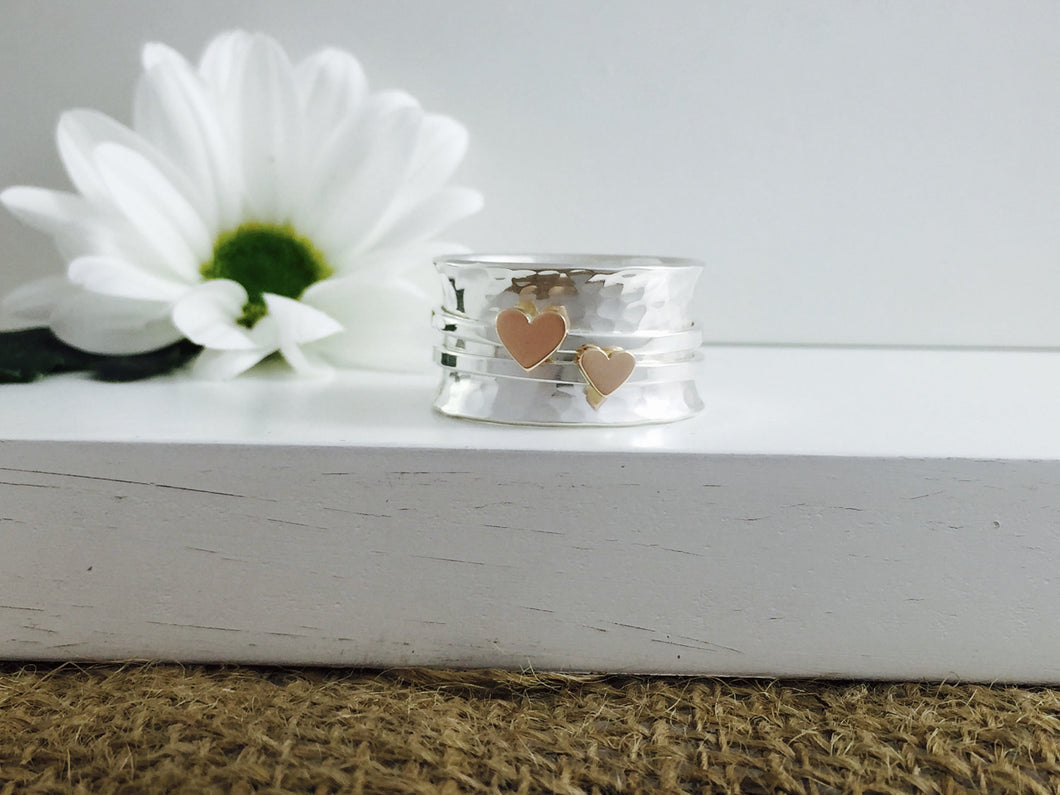 Handmade Heart worry ring, Spinner fidget ring, 9ct solid gold & sterling Silver Spinner stacker, rose gold valentines day