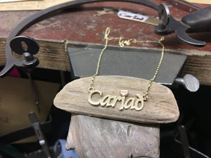 9ct Gold Cariad Love Necklace, handmade in Wales with a rose gold heart.